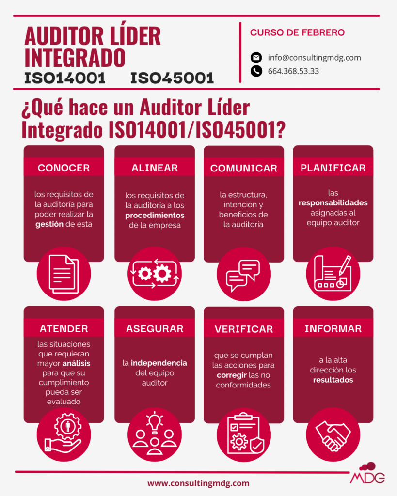Infografía sobre las actividades de un Auditor Líder Integrado en ISO14001 e ISO 45001 | Imagen hecha por Consulting MDG, en Canva.