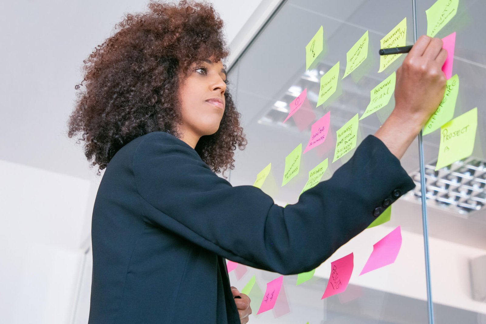 Mujer empresaria organizando procesos en papel adhesivo | Imagen desde freepik, por pch.vector